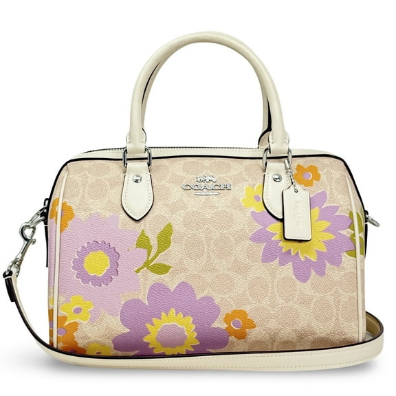 Coach Women's Rowan Zip Satchel Bag in Signature Canvas with Floral Print (Sand Multi)