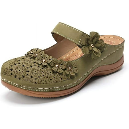 Womens Slippers Sandals Summer Hole Shoes Vintage Wedges Floral Slides Sandals Ladies Flats Shoes Soft Casual Slip on Loafer Green 41
