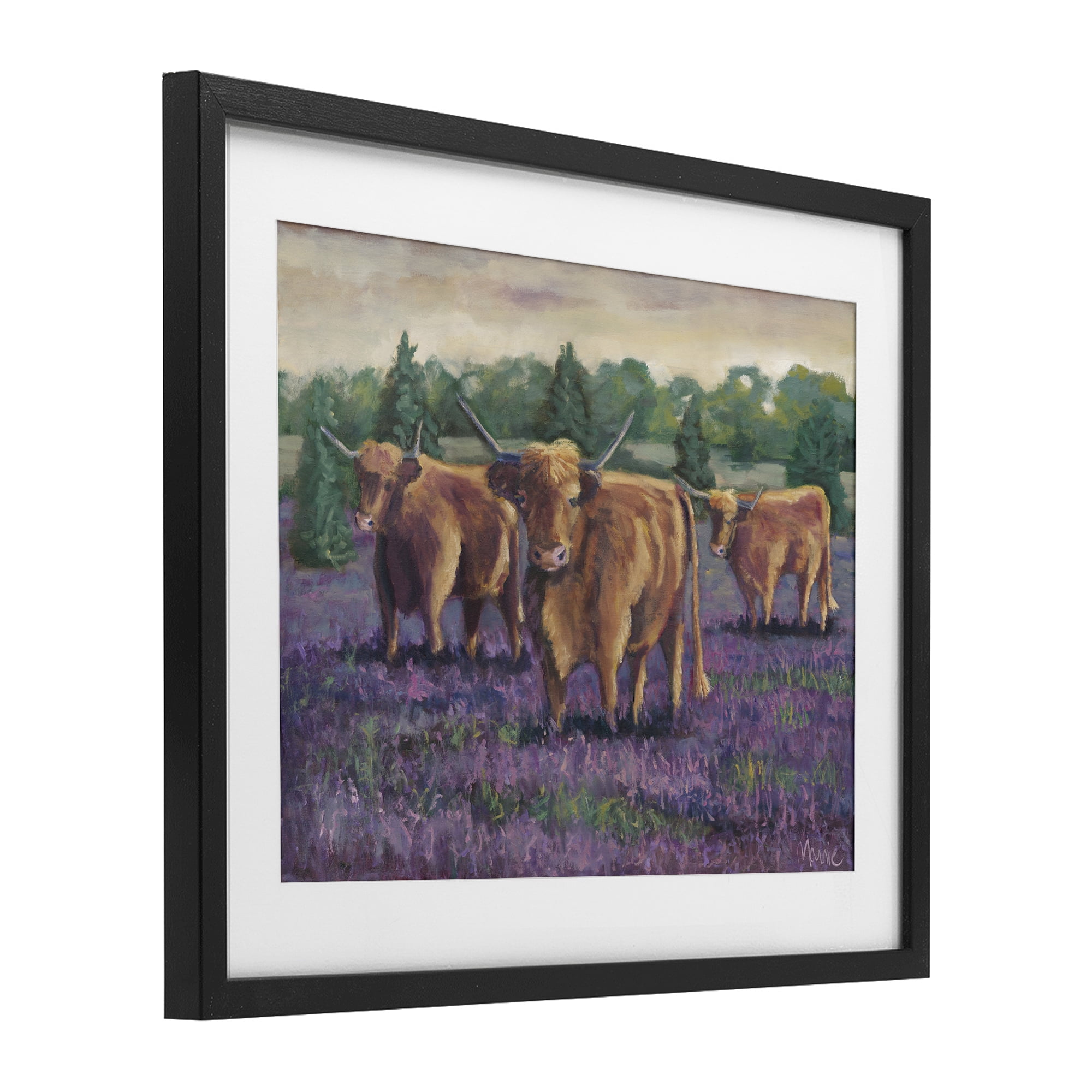 Purple Fields & Cows Black Framed Print Under Glass, design by Marnie Bourque