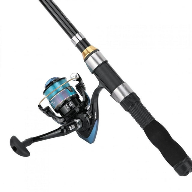 caña de pesca, de caña de pesca telescópica para viajar agua de mar de agua dulce — Empuñadura y carrete en vista 3/4; caña telescópica negra con mango EAV antideslizante, portacarretes metálico plateado con anillos dorados y carrete giratorio azul con manivela plegable. Fondo blanco; longitudes disponibles según especificación (1 m–2,3 m).