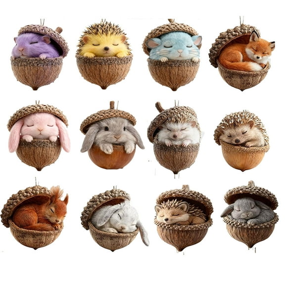 12PCS Forest Animal Acorn Ornaments, Cozy Forest Woodland Christmas Ornaments, Pine Cone Animal Deco for Christmas Tree, Squirrel Acrylic Hanging Ornament for Home Decor
