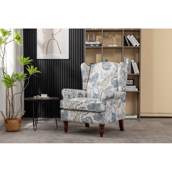 Modern Accent Chair with Retro Wood Legs – Comfy Upholstered Armchair with Floral Design, Wingback Single Sofa Chair for Living Room, Bedroom, Office
