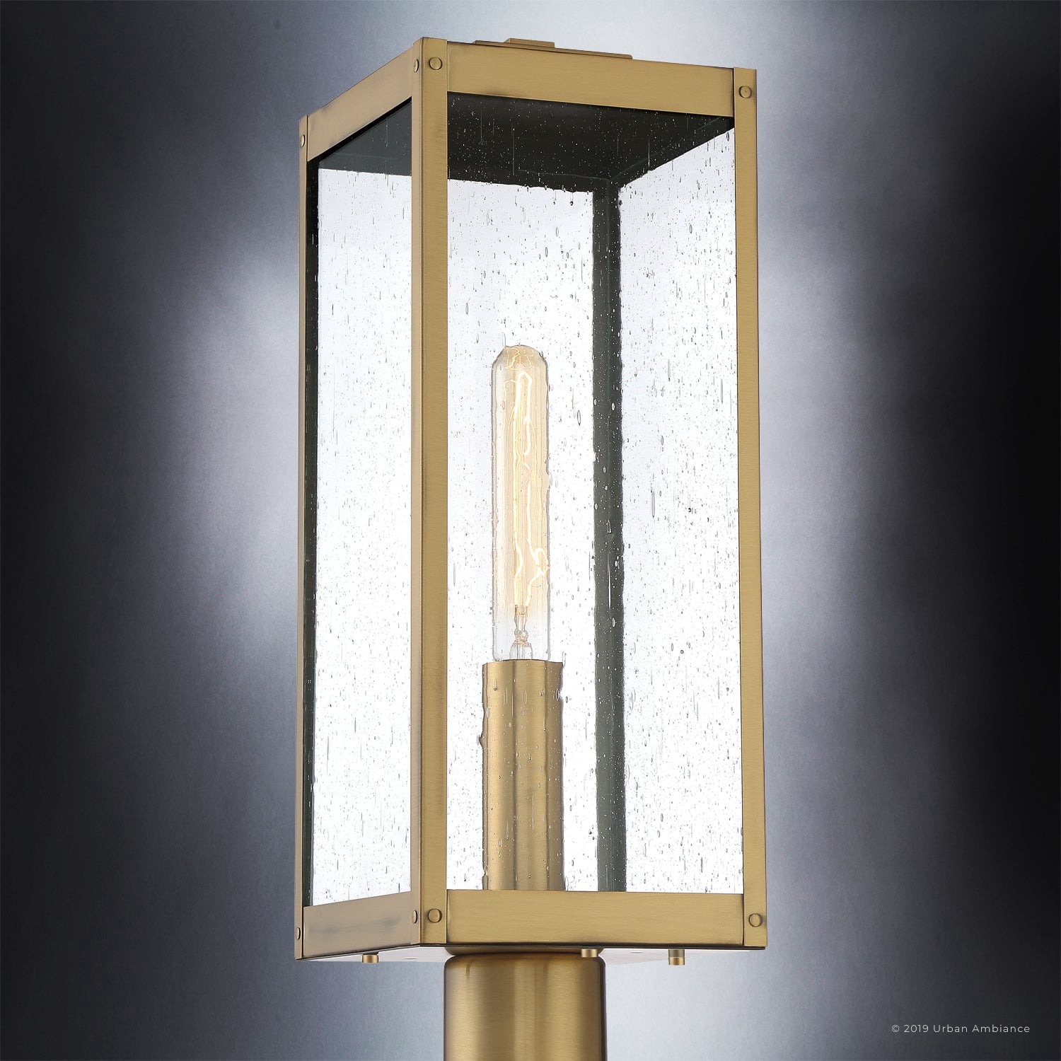 Luxury Modern Farmhouse Outdoor Post Light, 20.50''H x 7.00''W, with Industrial Style Elements, Minimalist Design, Antique Brass Finish and Clear Seedy Glass, UQL1343