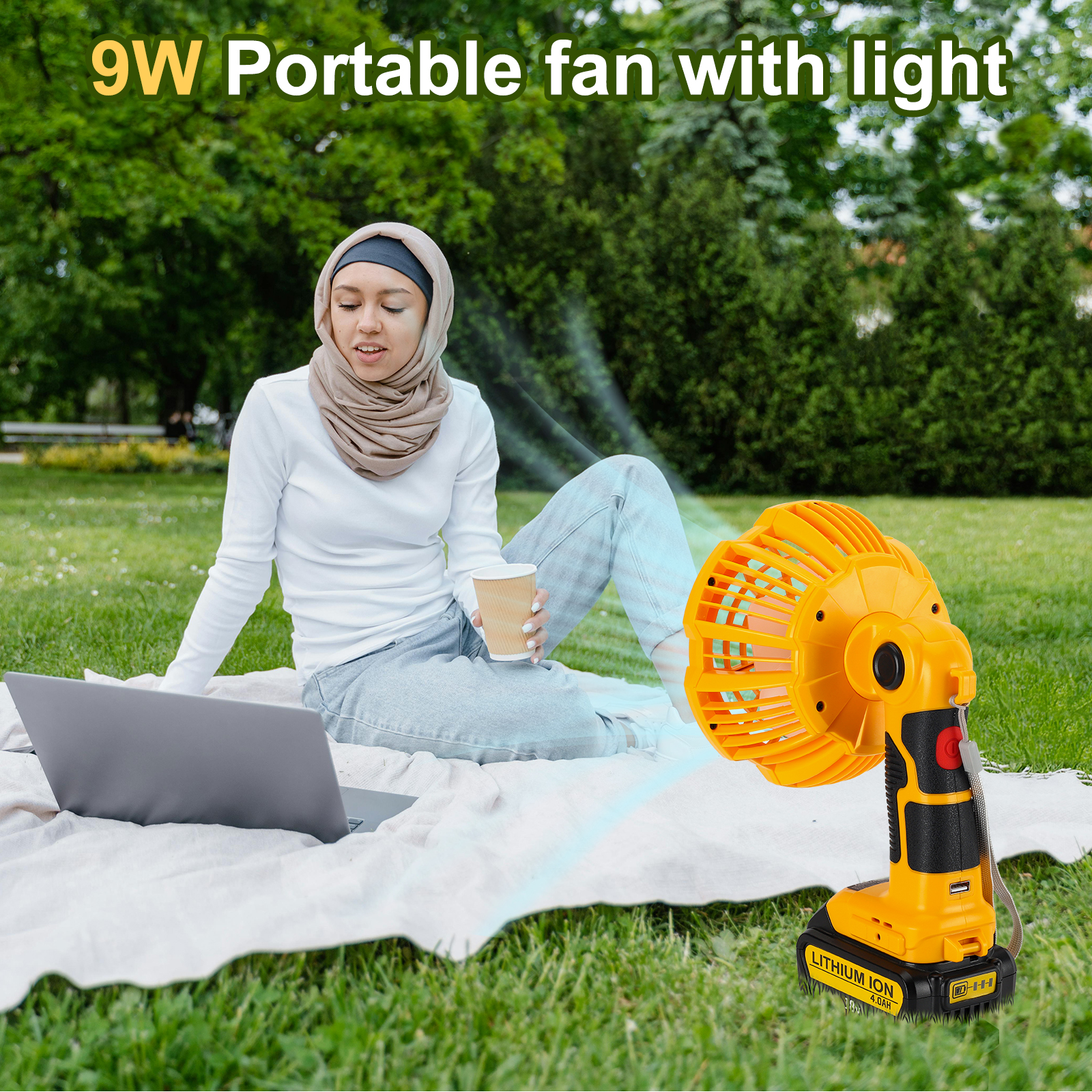 Outdoor Portable Camping Fan with Light,for Tent Hiking Fishing Travel, 3 Modes Brightness and Wind Speed, Powered by Dewalt 18V/20V Li-ion Battery BCD606 DCB205 DCB609 DCB204etc.