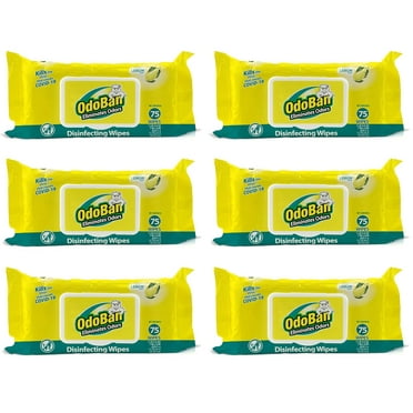 OdoBan Disinfectant and Odor Eliminating Wipes, Air Freshener, 6 Pack, 75 Wipes per Package, Lemon Scent