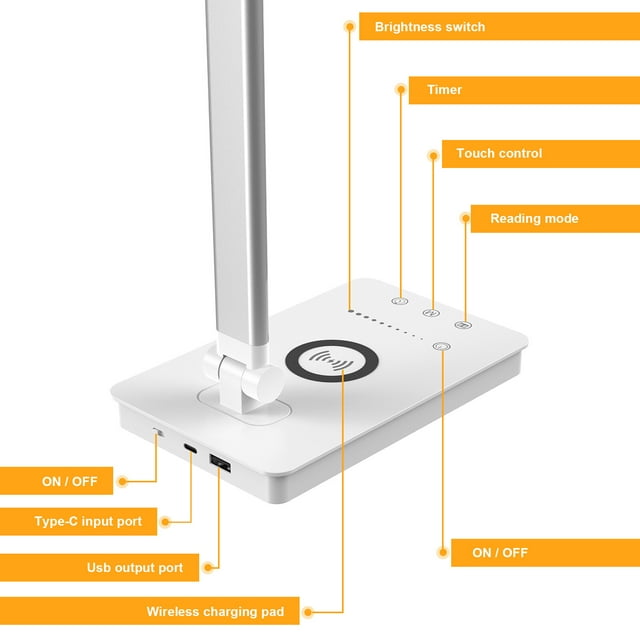 Lampe de Bureau LED Réglable avec Chargeur Sans Fil 10W, 5 Modes d'Éclairage et 10 Niveaux de Luminosité, Design Anti-Éblouissement, Contrôle Tactile, Minuterie d'Arrêt Automatique, Port de Charge USB (5V/1A), Couleur 3000K-6000K