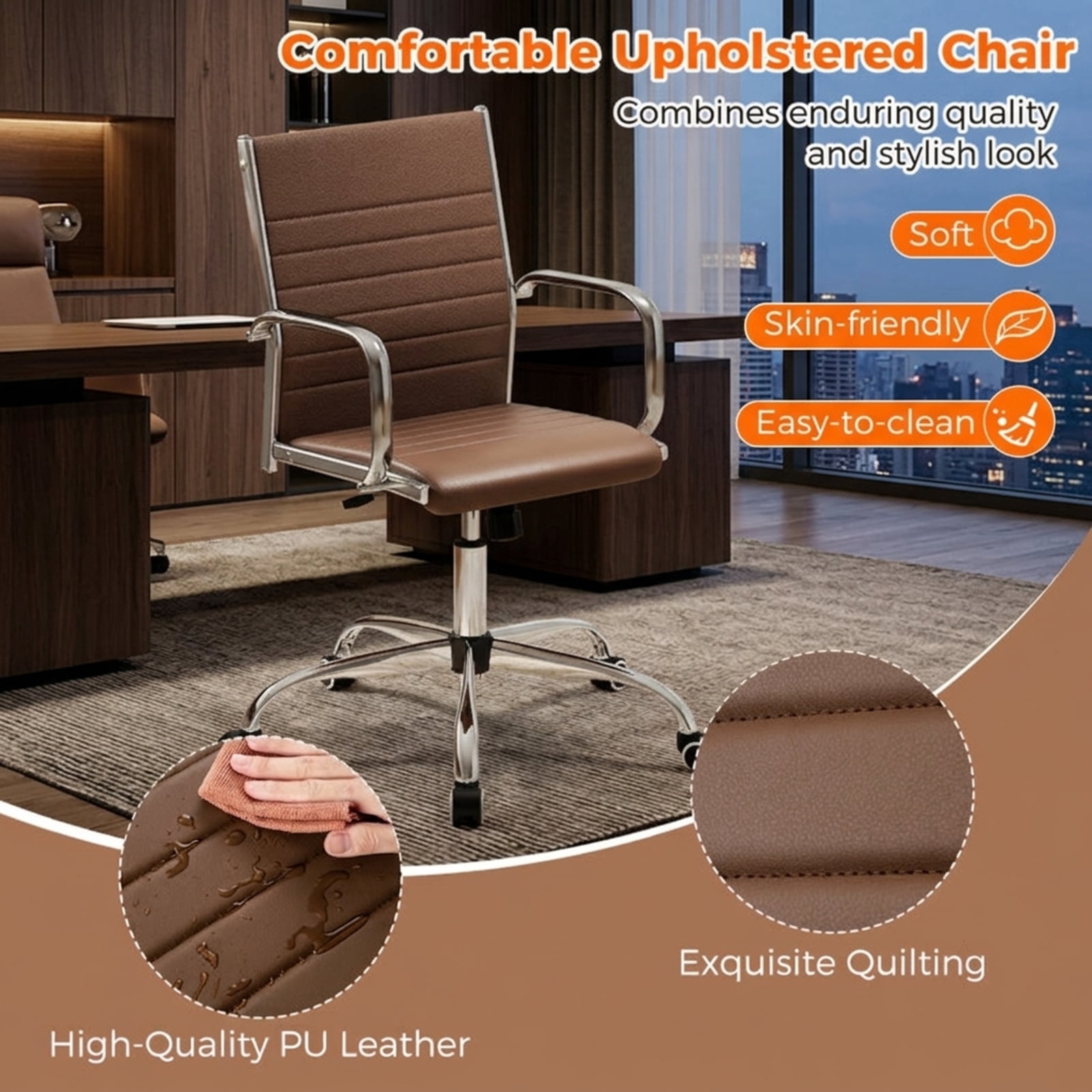 Furnibear Height Adjustable Office Chair Conference Room Chair with Rocking Backrest and Armrests for Home Office Desk Work, Brown