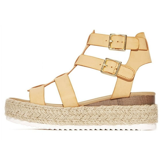 Soda Embassy Nude Pu Caged Open Rounded Toe Ankle Strap Platform Sandals