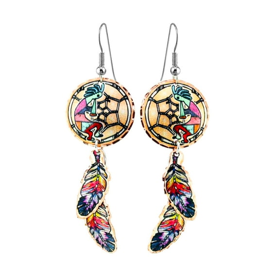 FRONT LINE JEWELRY Artisan-crafted SW Native Dreamcatcher Earrings Featuring Kokopelli, Wolf, and Horse Designs with Dangling Elements (Kokopelli)