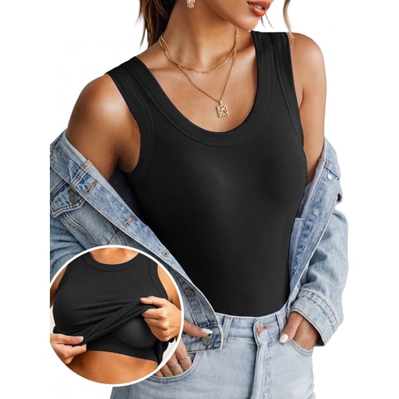 Anygrew Women's Tank Top with Built in Bra Ribbed Camisole Summer Scoop Neck Basic Cami Tanks Undershirt Black-White-Gray-Coffee