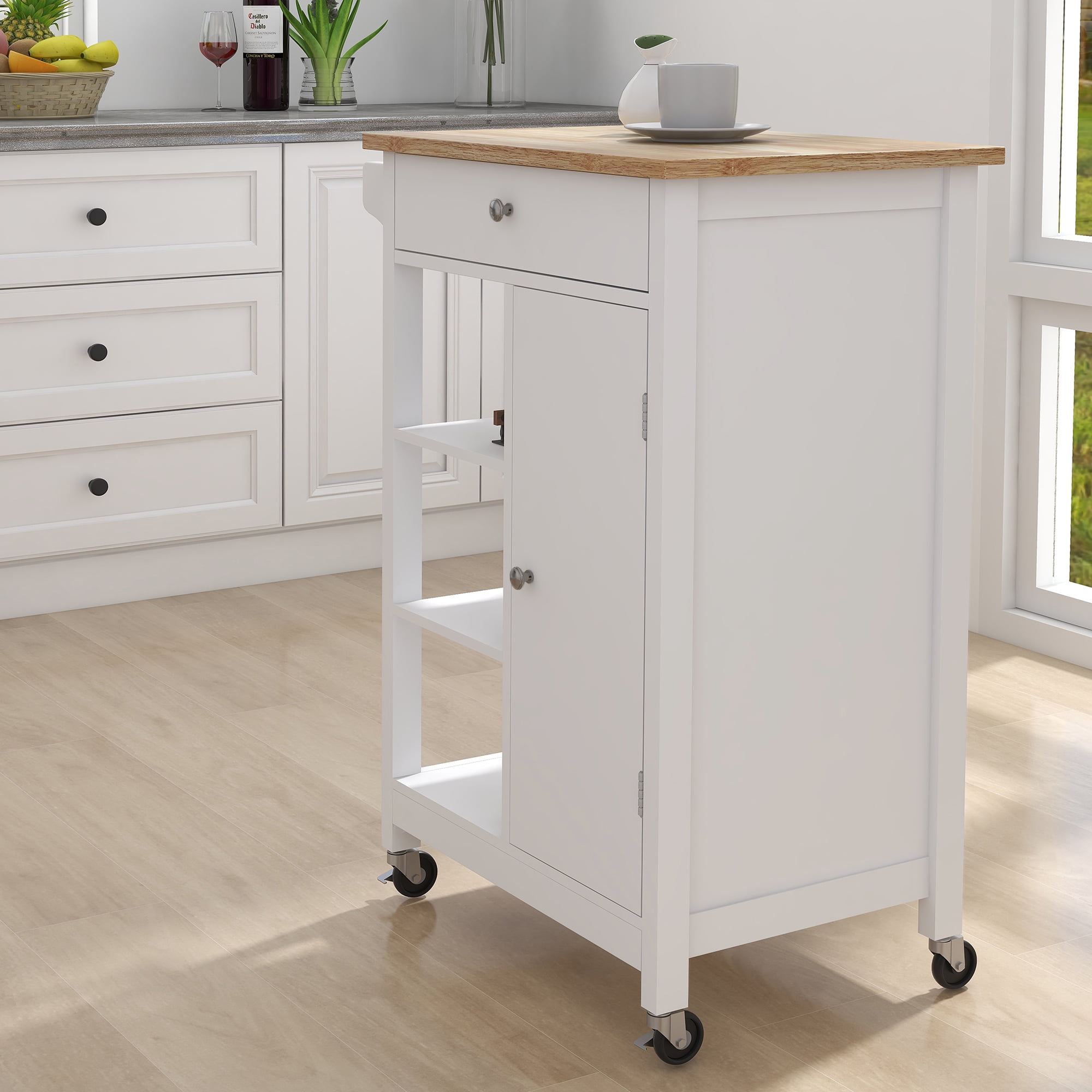 Kitchen Cart with Spice Rack Towel Holder, Kitchen Island with 1 Drawer for Dining Rooms Kitchens Living Rooms, White