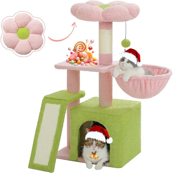 EISRUNG Flower Cat Tree for Indoor Cats, 32'' Small Cat Tower Cat Condo with Sisal Scratching Ramp, Cozy Hammock and Removable Flower Bed Perch for Kittens, Pink