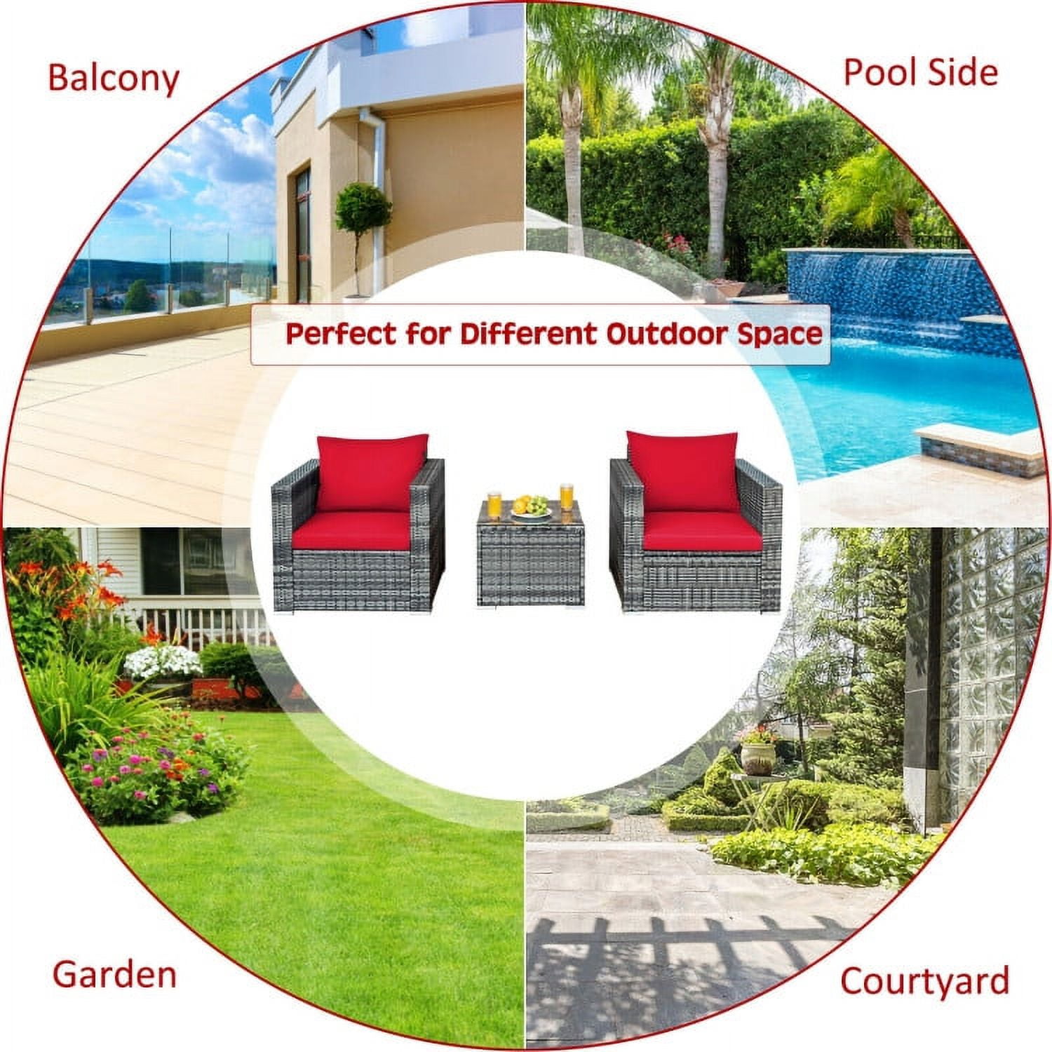 Aimee Lii 3 Pcs Patio Rattan Furniture Bistro Sofa Set with Cushioned, Modern Patio Furniture, Red Aimee Lii 3 Pcs Patio Rattan Furniture Bistro Sofa Set with Cushioned, Modern Patio Furniture, Red