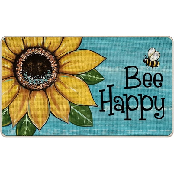 Spring Summer Sunflower Decorative Front Door Mat, Bee Happy Floral Blue Doormat Indoor Outdoor Non-Slip Floor Entryway Rug, Seasonal Home Kitchen Decoration 17x29 Inch