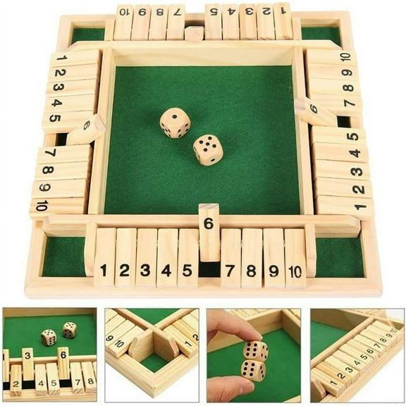 Shut The Box Dice Game,Classic 4 Sided Wooden Board Game Flip 10 Numbers Classic Tabletop Games for 2-4 Player Green(8.6 inch)