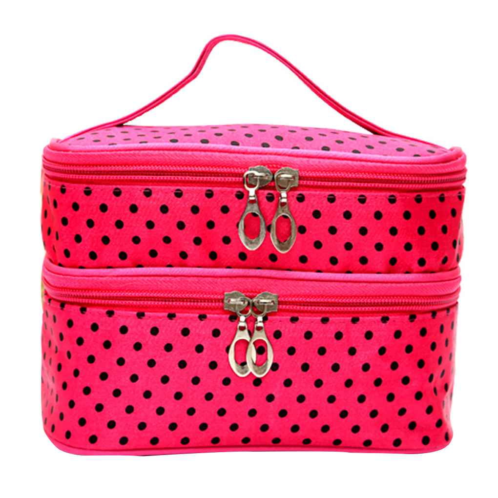 Women Girls Cosmetic Bag Makeup Case Double Layer Dot with Mirror