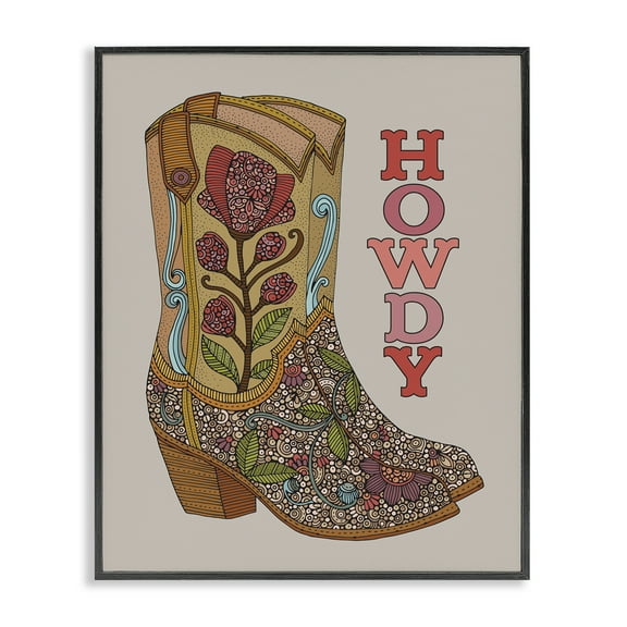Stupell Industries Howdy Cowboy Boots Typography Painting Black Framed Art Print Wall Art, 11 x 14