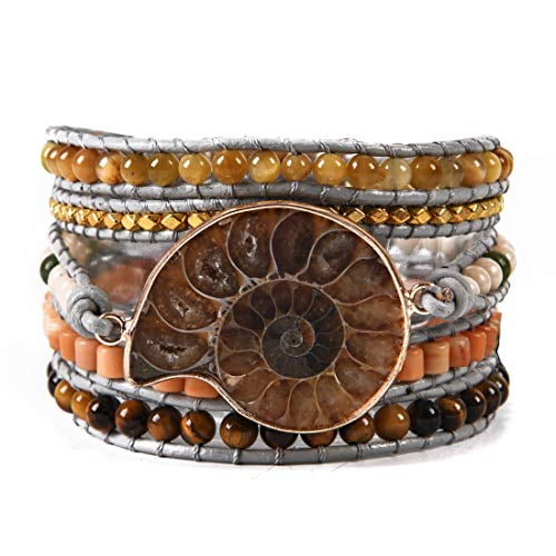 5 Wraps Natural Ammonite Fossil Jasper African Turquoise Leather Bracelet Exquisite Mix Stones Women Fashion Wrap Bracelet Boho Bracelet Jewelry