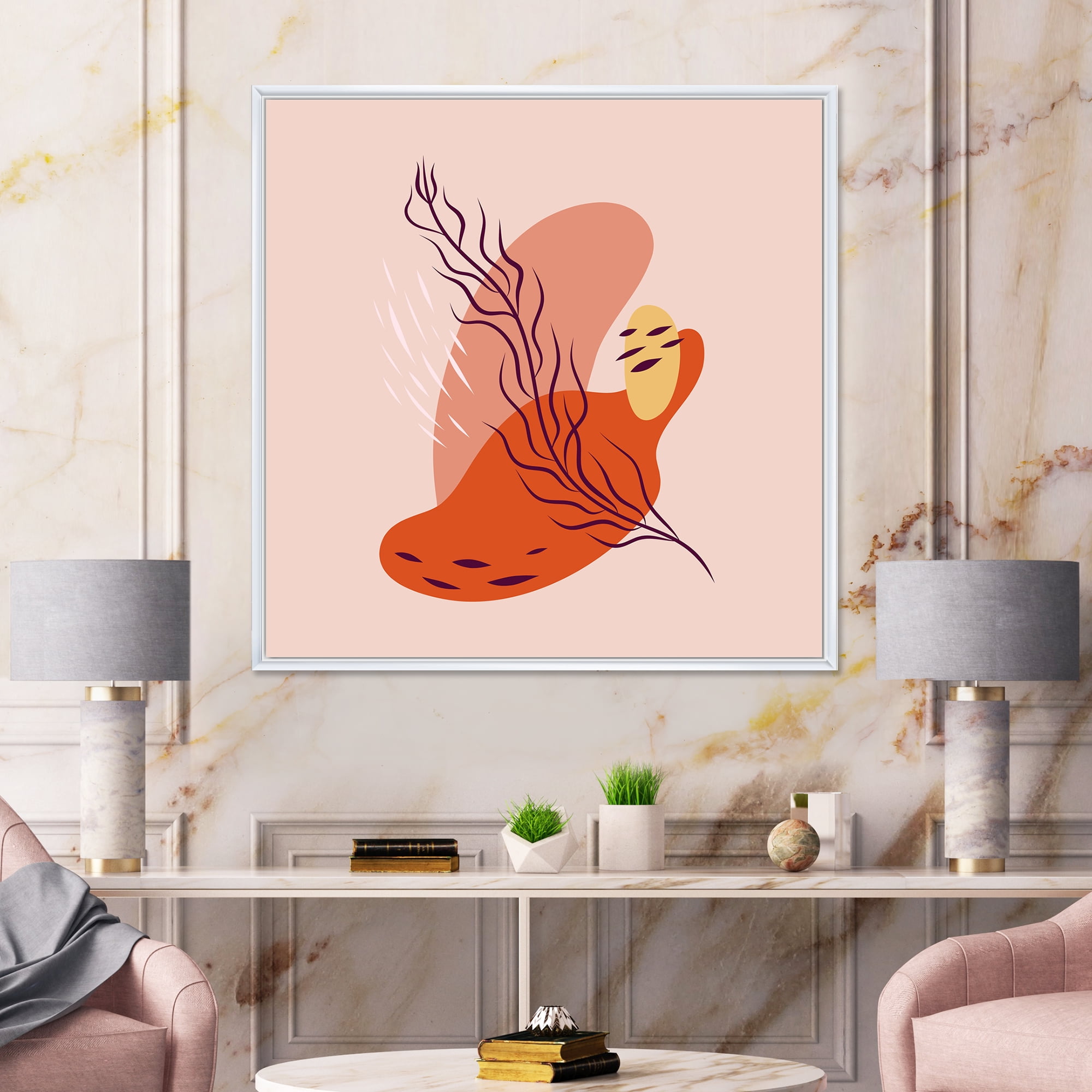 Abstract Warm Colors Spring Leaf 36 in x 36 in Framed Painting Canvas Art Print, by Designart