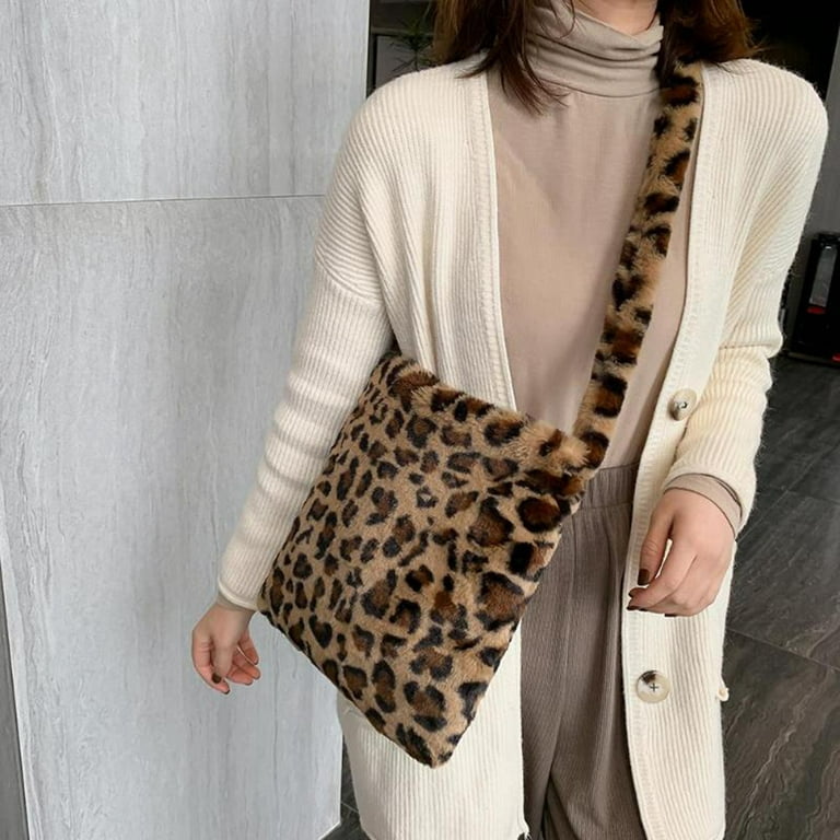 Gets Cute Stylish Leopard Plush Clutch Bag with Chain Small Fuzzy