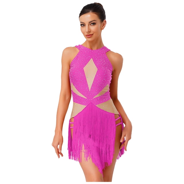 TTAO Justaucorps de Danse Jazz Latin Brillant à Franges pour Femmes Rumba Samba Salsa Robe de Danse de Salon Rose Vif G