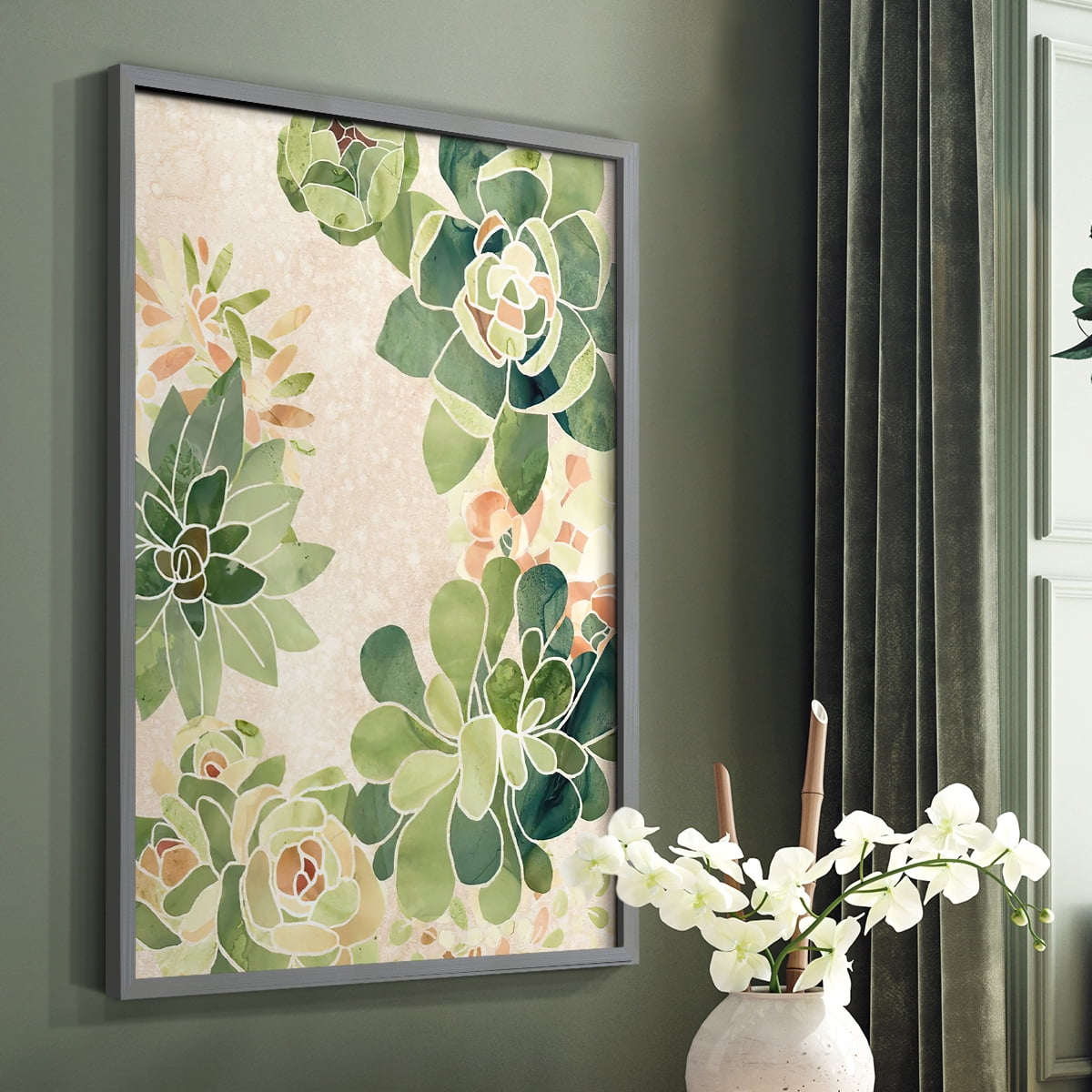 Stained Glass Succulents II Framed Print in Gray Solid Wood Framed Print No Nail Hanging