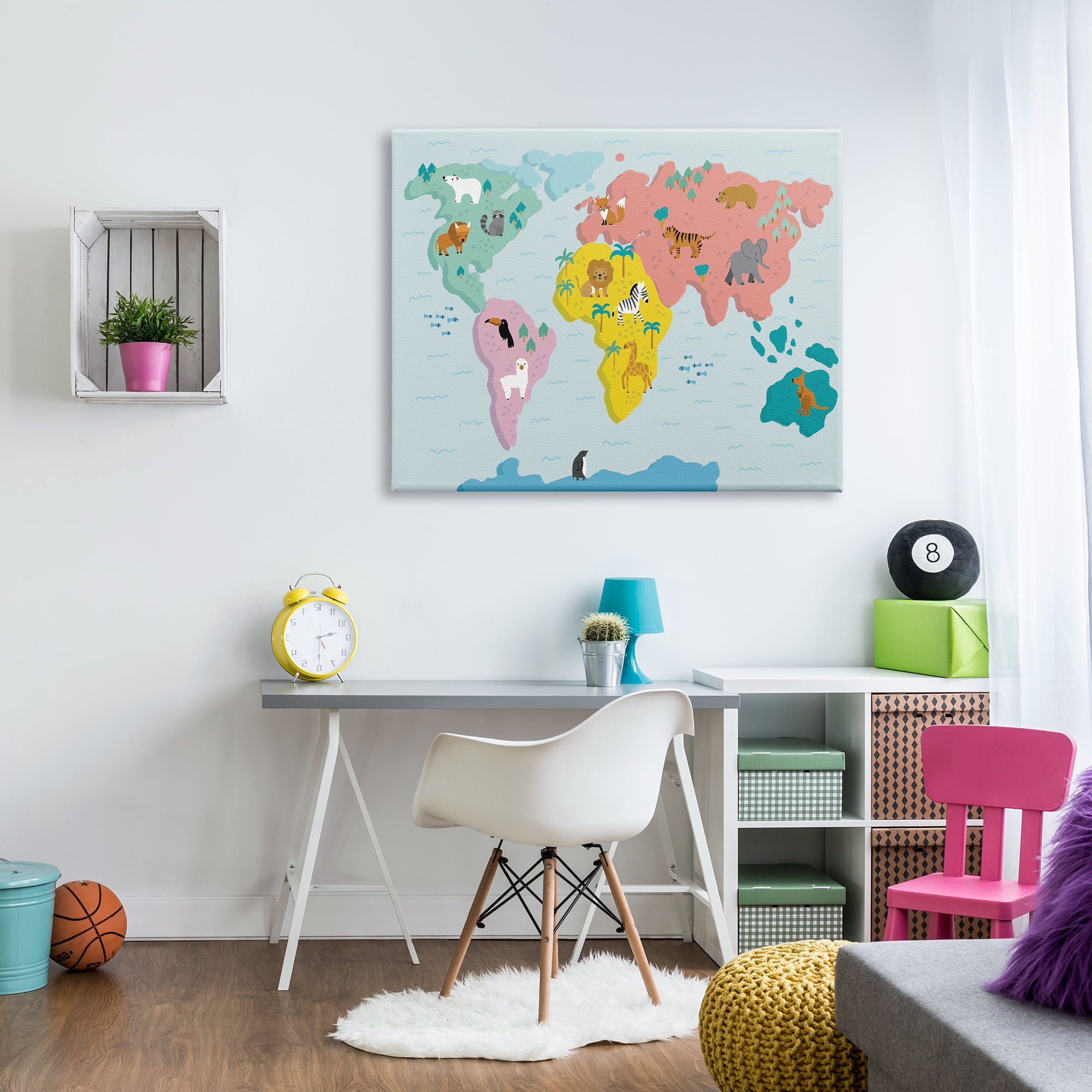 Stupell Industries Whimsical Wildlife World Map Travel & Places Painting Gallery Wrapped Canvas Art Print Wall Art, 48 x 36