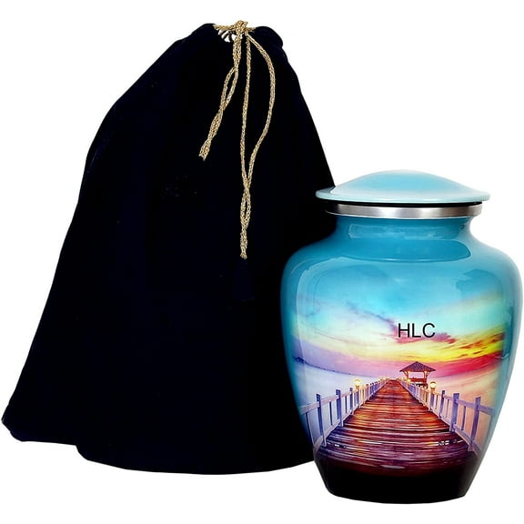 RUZIOON Lovely Bridge Hut Ocean Blue Cremation Urn for Human Ashes - Adult Funeral Urn Handcrafted - Affordable Urn for Ashes (Large)