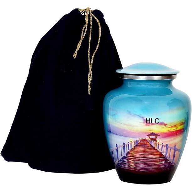 RUZIOON Lovely Bridge Hut Ocean Blue Cremation Urn for Human Ashes