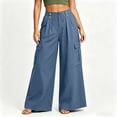 thumbnail image 6 of ZHYou No Boundarie Cotton Linen Cargo Pants for Women Casual Wide Leg Button Drawstring Waisted Loose Fit Pants with Patch Pockets,Blue,Size S, 6 of 8