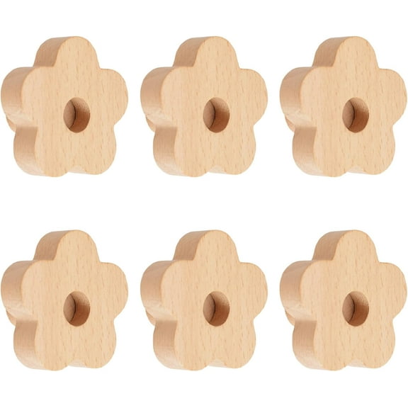 Flower Shaped Wooden Knobs,6pcs Natural Handmade Wood Knob Single Hole Beech Wood Handles for Drawer Wardrobe Cabinet Dresser with Screws& Expansion Tube