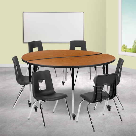 Emma   Oliver Mobile 60" Circle Wave Activity Table Set-18" Student Stack Chairs, Oak/Black