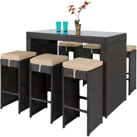 Best Choice Products 7-Piece Outdoor Rattan Wicker Bar Dining Patio Furniture Set w/ Glass Table Top and 6 Stools, (Best Way Sell Expensive Furniture)