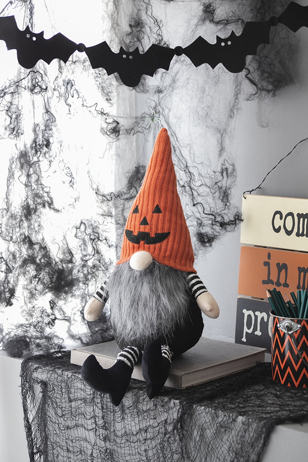 Large Fabric Sitting Jack-O-Lantern Gnome 23.5 Inch Halloween Decor Tabletop Shelf Display