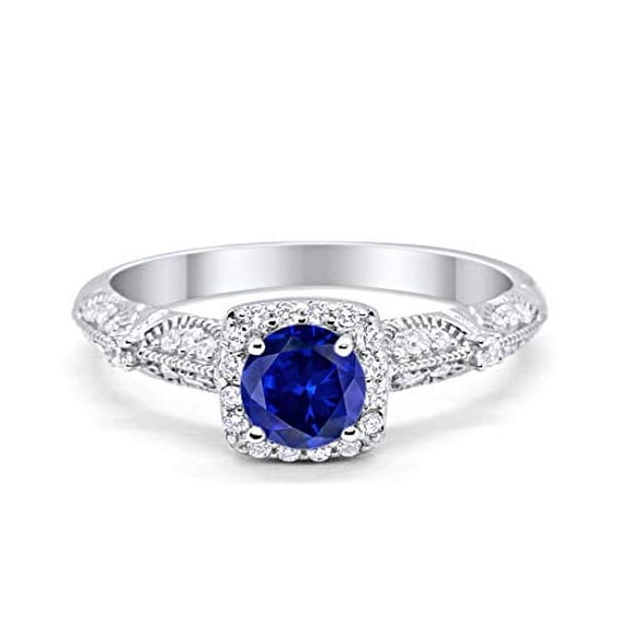 Halo Round Engagement Ring Blue Sapphire CZ 925 Sterling Silver Size 5