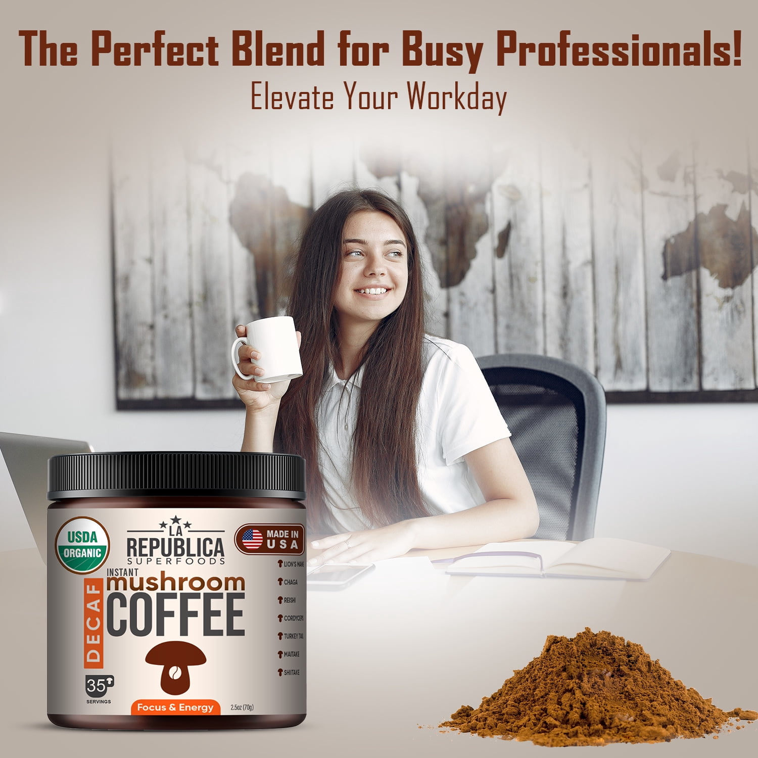 La Republica Organic Decaf Mushroom Coffee Instant Blend 2-Pack (7.5 oz) with Lion's Mane & Reishi – 70 Servings