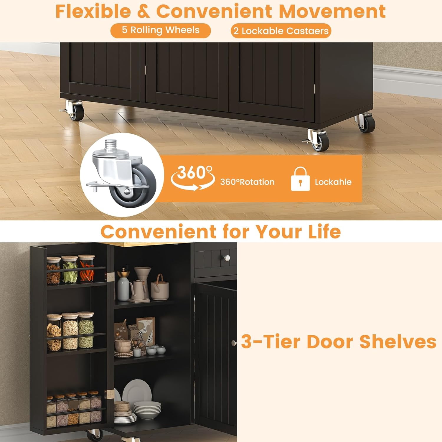 Meteorleg Kitchen Island with Storage, 41.3" W Wood Kitchen Island Cart with Drop Leaf, Black Rolling Cart with Lockable Wheels
