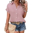 thumbnail image 3 of Women'S Cotton Button Down Shirt Rolled Cuffed Short Sleeve Blouse Ladies Casual V Neck Beach Tops Pink L, 3 of 9
