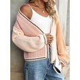 thumbnail image 6 of Women'S Color Block Open Front Cardigan Contrast Striped Chunky Cardigan Sweater Outerwear Coat Pink M, 6 of 7