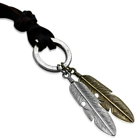 Lee Angel Black Necklace - Antique Vintage Angel Bird Feather Ring Charm Adjustable Leather Necklace