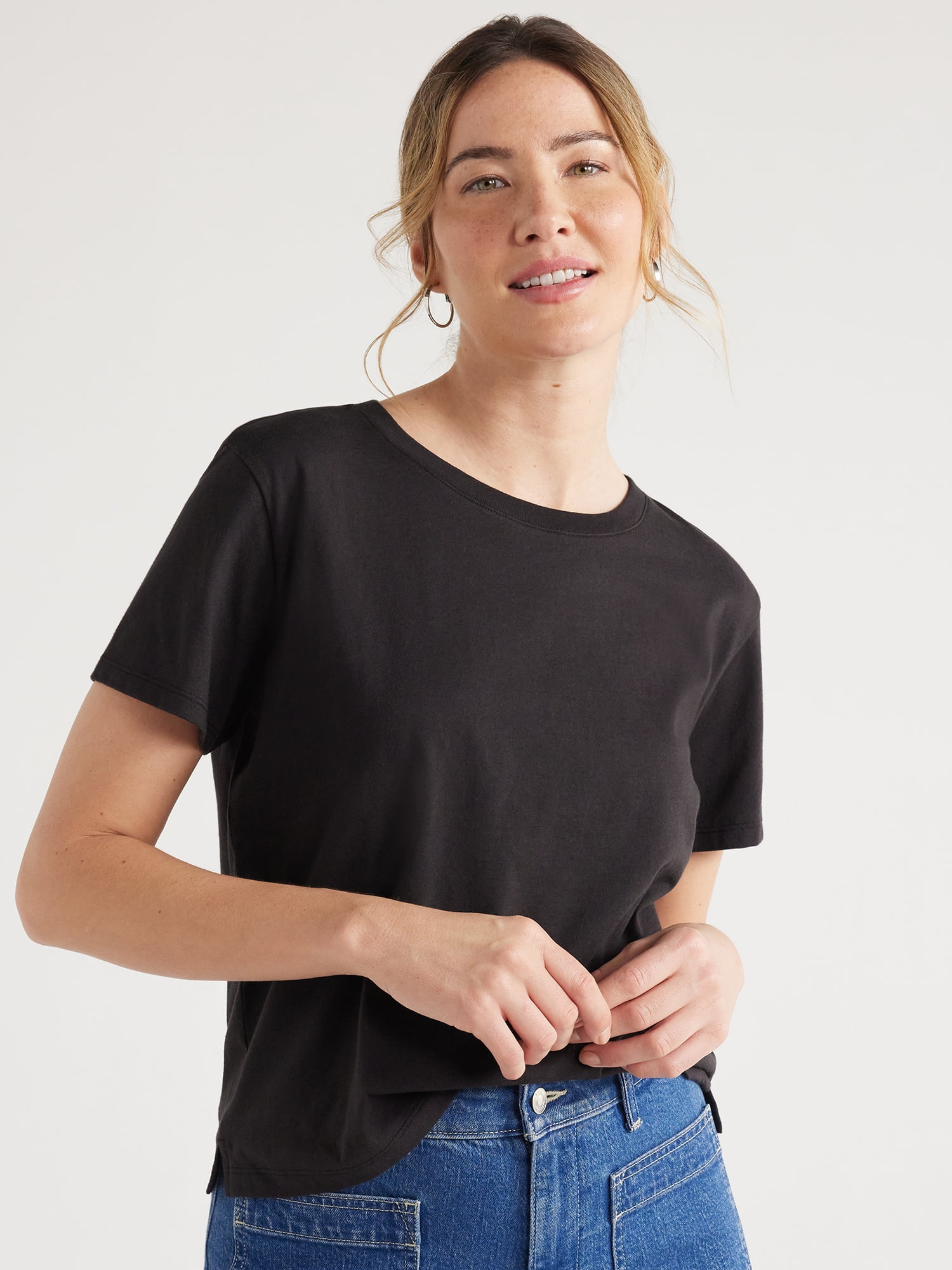 ★ ★ Women's Boxy Fit Short Sleeve T-Shirt 47C85 Free Assembly Women?s Cotton Cropped Boxy Tee with Short