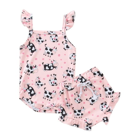 

WUXIAN Toddler Girls Fly Sleeve Ribbed Romper Bodysuit Cartoon Dairy Cow Printed Ruffles Shorts Outfits Infants Baby Onesie Children Lovely Dailywear