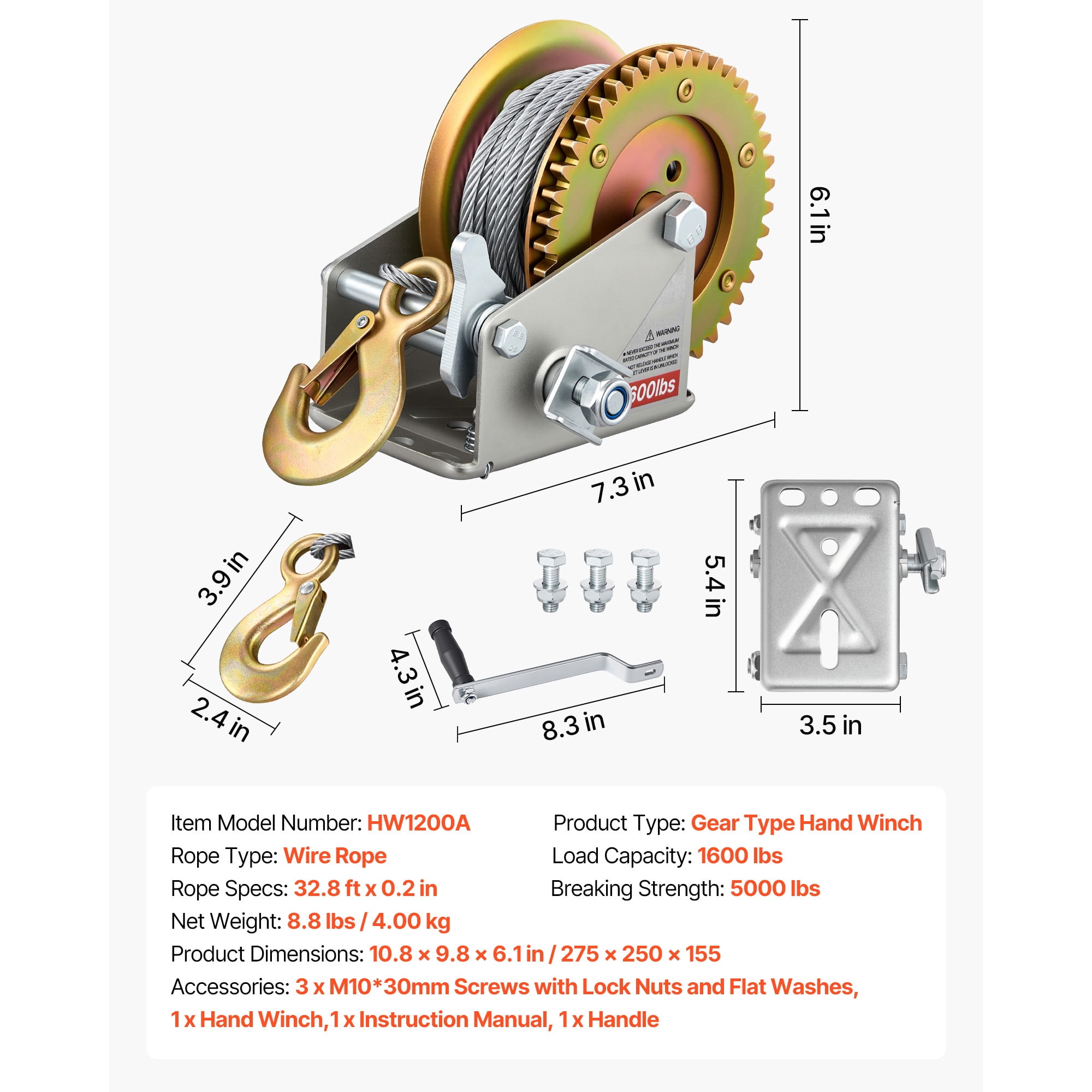 KFFKFF 1600 lbs Hand Winch, Durable Manual Crank with 32.8ft Steel Cable, Two-Way Ratchet, Non-Slip Handle, Easy-to-Install Gear for Boat Trailer and ATV Towing