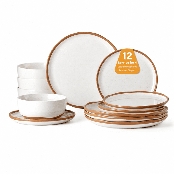 12 Piece Farmhouse Ceramic Dinnerware Set, Vanilla White