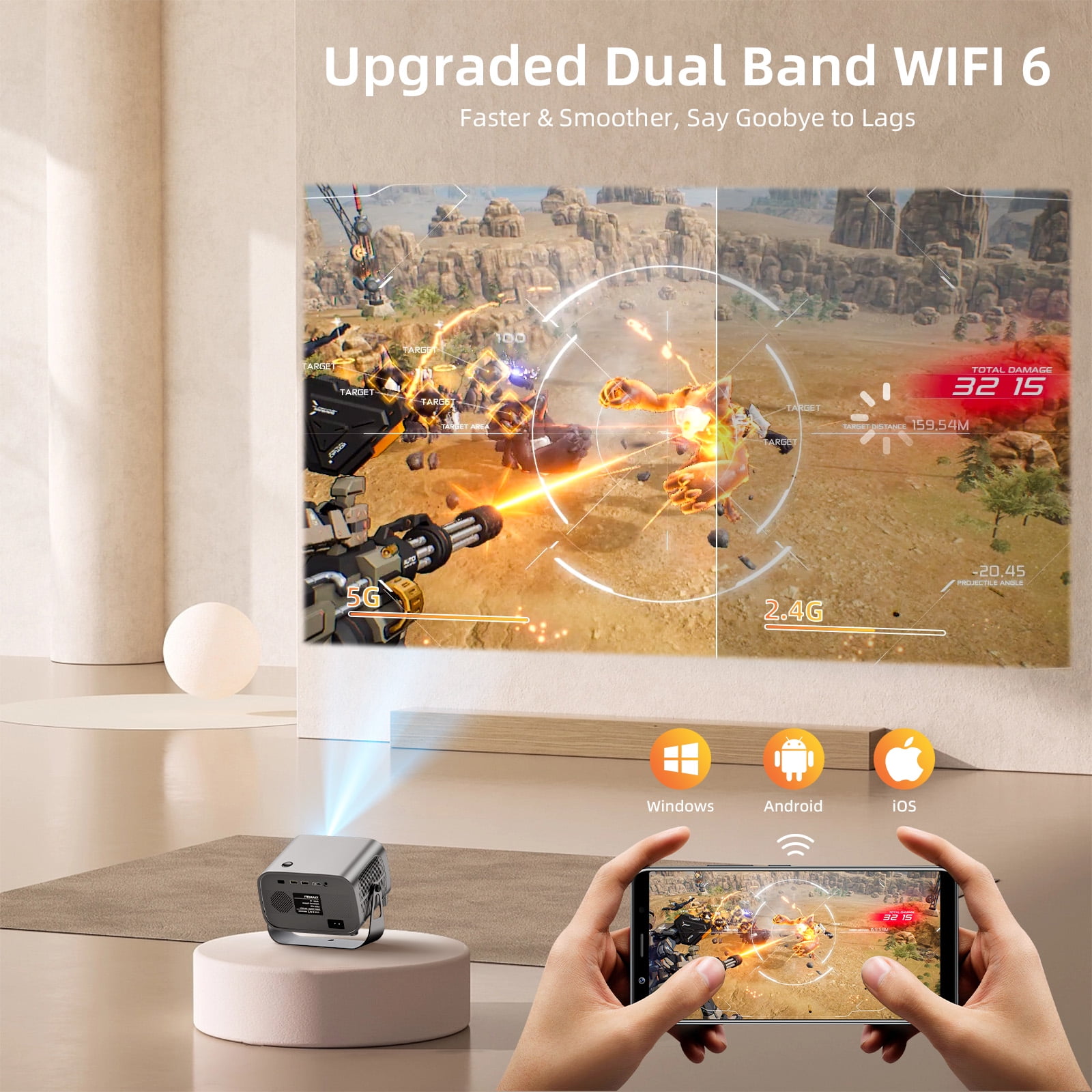 Smart Projector, Native 1080P with 4K Support, WiFi Bluetooth, Auto Focus, Keystone Correction, 360° Stand, 300'' Display for Home Theater