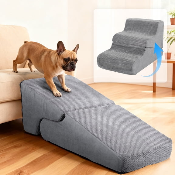 Yucurem Pet Dog Stairs for Small Dogs, 2-in-1 Transformable 3-Step Pet Stairs and Ramp with Durable Non-Slip Waterproof Cover, Gray