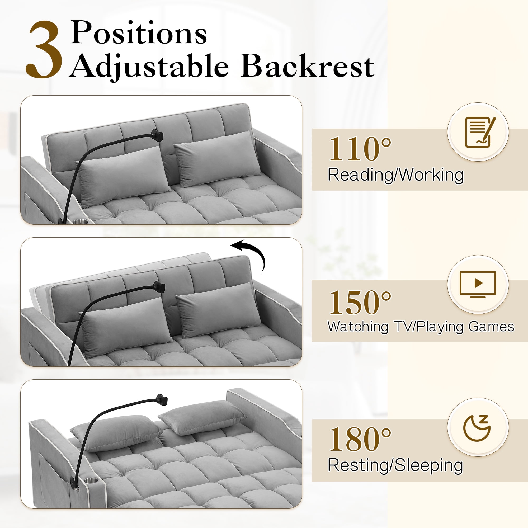 Dinosisco 3-in-1 Convertible Futon Sofa Bed, Loveseat Sleeper with Phone Stand, USB, Gray Velvet
