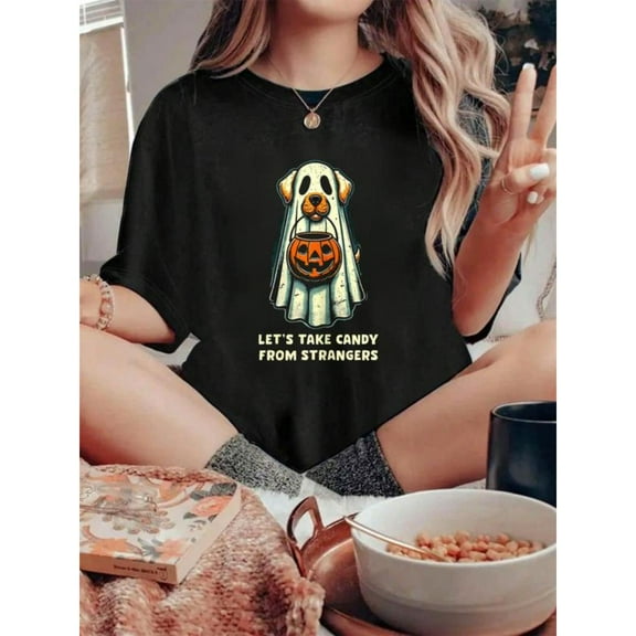 Halloween Cotton Trendy Dog Graphic Pet Lovers Tee T Shirt Top Short Sleeve Round Neck Black S-5XL