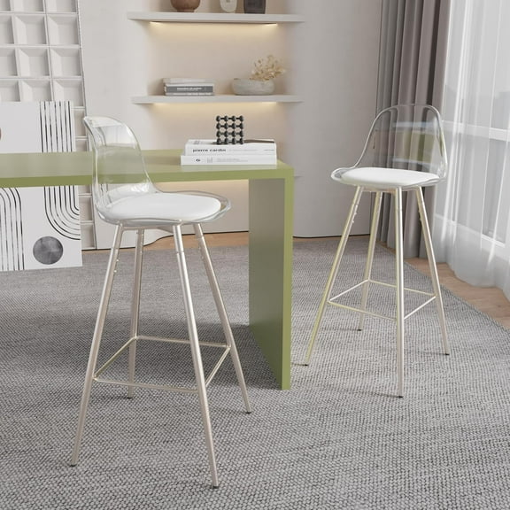 Clear Bar Stools Set of 2 Up to 180 Lbs, Modern Tall Acrylic Bar Chair with Metal Legs, Kitchen Island Chairs with Back and Footrest, Upholstered Counter Stools for Dining Room, Kitchen - Silver