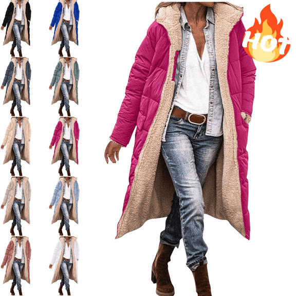 Mifsaly Long Winter Coats for Women Fleece Lined Zip up Hooded Padded Jacket Reversible Thicken Warm Sherpa Quilted Coat Long Sleeve Soild Parka Outerwear Oversized Thermal Puffer Jacket with Pockets